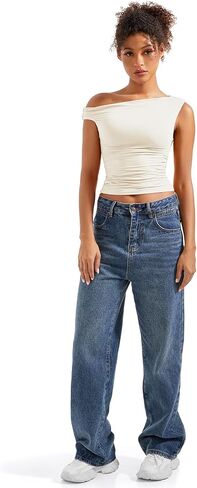 SUUKSESS Women Off Shoulder Tops Sleeveless Shirts Y2K Trendy Going Out Crop Tank Top (White,M) in Kuwait