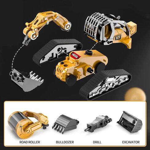 Gemini&Genius Construction Truck 4 in 1 Excavator with Metal Loader Shovel, Roller Shovel and Impact Hammer Construction Vehicle Die-cast Toys for Kids (Wheeled with Tracked) in Saudi Arabia