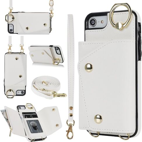 حافظة محفظة UEEBAI Crossbody لهاتف iPhone SE3 5G/iPhone 7/iPhone 8/iPhone SE2، حافظة هاتف بفتحة للبطاقات مع جيب بسحاب ومسند ومحفظة وغطاء حزام يد قابل للإزالة وحزام معصم قابل للإزالة - أبيض in Kuwait