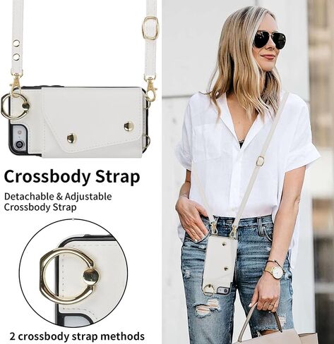 حافظة محفظة UEEBAI Crossbody لهاتف iPhone SE3 5G/iPhone 7/iPhone 8/iPhone SE2، حافظة هاتف بفتحة للبطاقات مع جيب بسحاب ومسند ومحفظة وغطاء حزام يد قابل للإزالة وحزام معصم قابل للإزالة - أبيض in Kuwait