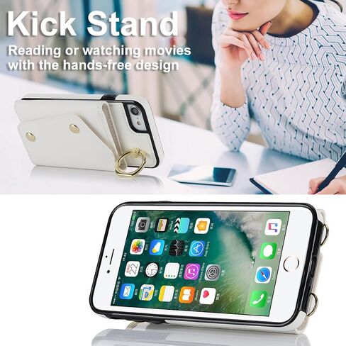 حافظة محفظة UEEBAI Crossbody لهاتف iPhone SE3 5G/iPhone 7/iPhone 8/iPhone SE2، حافظة هاتف بفتحة للبطاقات مع جيب بسحاب ومسند ومحفظة وغطاء حزام يد قابل للإزالة وحزام معصم قابل للإزالة - أبيض in Kuwait