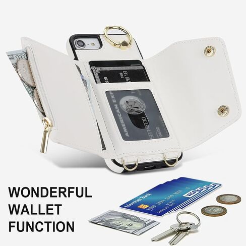 حافظة محفظة UEEBAI Crossbody لهاتف iPhone SE3 5G/iPhone 7/iPhone 8/iPhone SE2، حافظة هاتف بفتحة للبطاقات مع جيب بسحاب ومسند ومحفظة وغطاء حزام يد قابل للإزالة وحزام معصم قابل للإزالة - أبيض in Kuwait