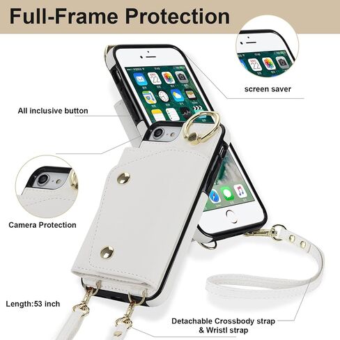 حافظة محفظة UEEBAI Crossbody لهاتف iPhone SE3 5G/iPhone 7/iPhone 8/iPhone SE2، حافظة هاتف بفتحة للبطاقات مع جيب بسحاب ومسند ومحفظة وغطاء حزام يد قابل للإزالة وحزام معصم قابل للإزالة - أبيض in Kuwait