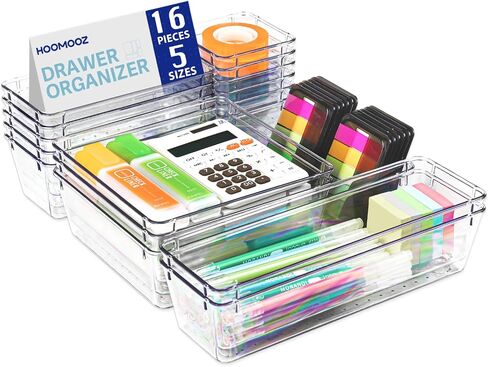 HOOMOOZ 24 PCS Plastic Clear Drawer Organizers Set, Non-Slip Storage Containers, Bathroom and Vanity Organizer Trays, Drawer Divider for Makeup Jewelries Office Bathroom and Kitchen Utensils in Saudi Arabia