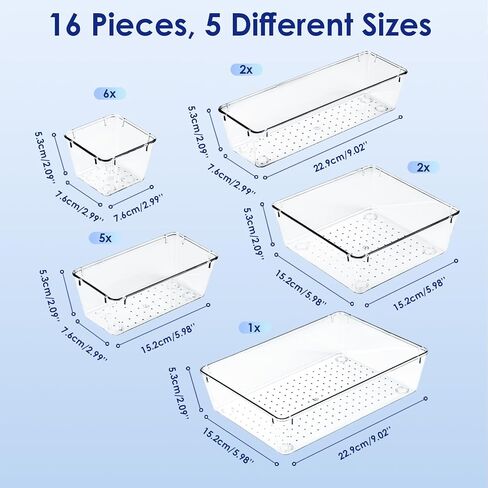 HOOMOOZ 24 PCS Plastic Clear Drawer Organizers Set, Non-Slip Storage Containers, Bathroom and Vanity Organizer Trays, Drawer Divider for Makeup Jewelries Office Bathroom and Kitchen Utensils in Saudi Arabia