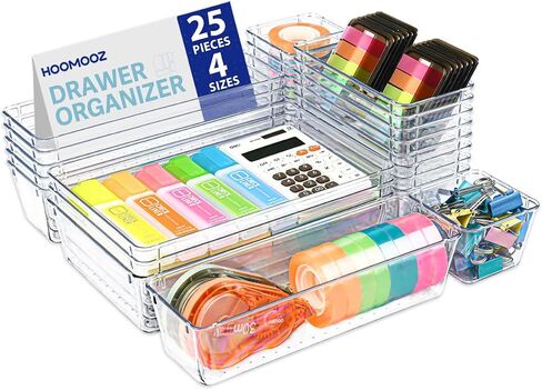 HOOMOOZ 24 PCS Plastic Clear Drawer Organizers Set, Non-Slip Storage Containers, Bathroom and Vanity Organizer Trays, Drawer Divider for Makeup Jewelries Office Bathroom and Kitchen Utensils in Saudi Arabia