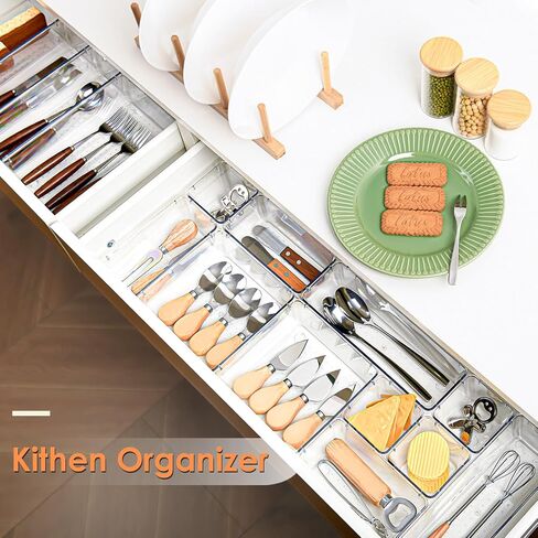 HOOMOOZ 24 PCS Plastic Clear Drawer Organizers Set, Non-Slip Storage Containers, Bathroom and Vanity Organizer Trays, Drawer Divider for Makeup Jewelries Office Bathroom and Kitchen Utensils in Saudi Arabia