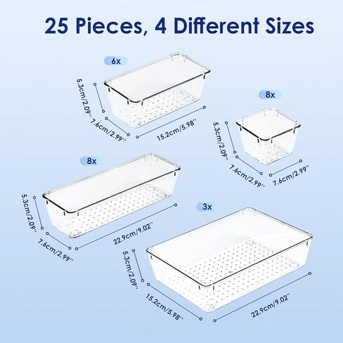 HOOMOOZ 24 PCS Plastic Clear Drawer Organizers Set, Non-Slip Storage Containers, Bathroom and Vanity Organizer Trays, Drawer Divider for Makeup Jewelries Office Bathroom and Kitchen Utensils in Saudi Arabia