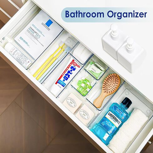 HOOMOOZ 24 PCS Plastic Clear Drawer Organizers Set, Non-Slip Storage Containers, Bathroom and Vanity Organizer Trays, Drawer Divider for Makeup Jewelries Office Bathroom and Kitchen Utensils in Saudi Arabia