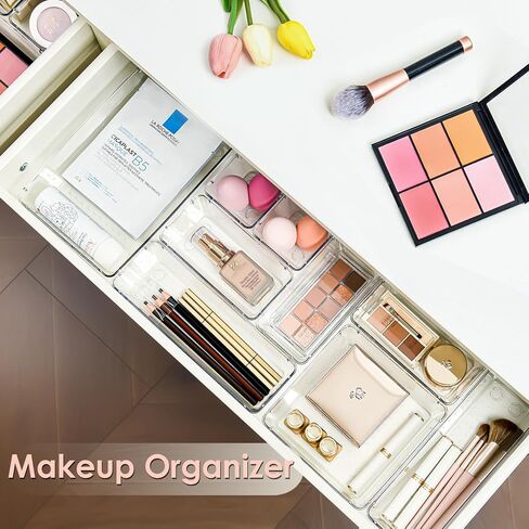 HOOMOOZ 24 PCS Plastic Clear Drawer Organizers Set, Non-Slip Storage Containers, Bathroom and Vanity Organizer Trays, Drawer Divider for Makeup Jewelries Office Bathroom and Kitchen Utensils in Saudi Arabia