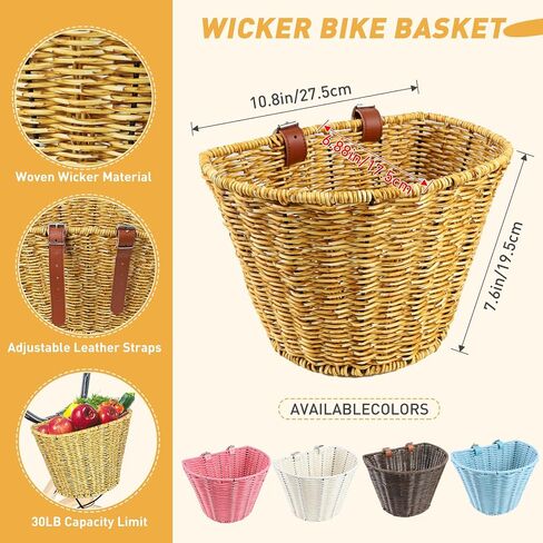 Wicker Bike Basket Front Cargo for Women and Men,Front Handlebar Bike Basket，Rattan Storage Basket Waterproof, Vintage Wicker, with Leather Straps,Fits Most Bikes,4 Colors in Saudi Arabia