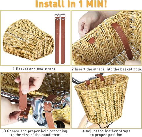 Wicker Bike Basket Front Cargo for Women and Men,Front Handlebar Bike Basket，Rattan Storage Basket Waterproof, Vintage Wicker, with Leather Straps,Fits Most Bikes,4 Colors in Saudi Arabia