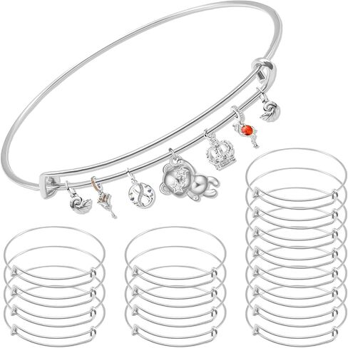 FANCY NOVA Silver Expandable Bangle Blank Bracelets, Adjustable Wire Bracelets Blank Stainless Steel Bangles Bracelets Set for Jewelry Making Charms Bulk (20PCS) in Kuwait
