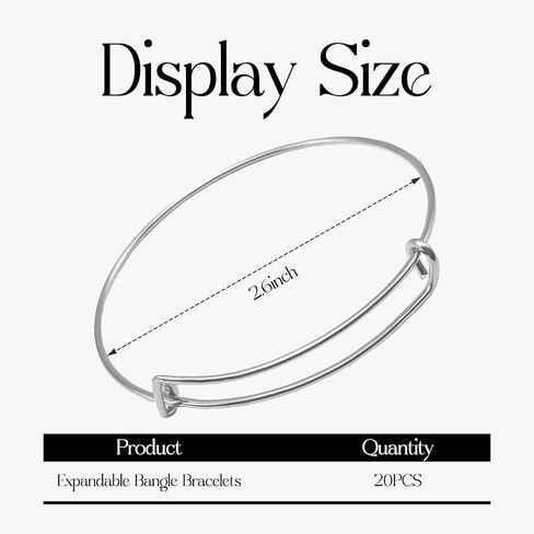 FANCY NOVA Silver Expandable Bangle Blank Bracelets, Adjustable Wire Bracelets Blank Stainless Steel Bangles Bracelets Set for Jewelry Making Charms Bulk (20PCS) in Kuwait