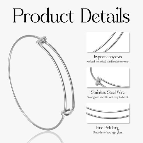 FANCY NOVA Silver Expandable Bangle Blank Bracelets, Adjustable Wire Bracelets Blank Stainless Steel Bangles Bracelets Set for Jewelry Making Charms Bulk (20PCS) in Kuwait