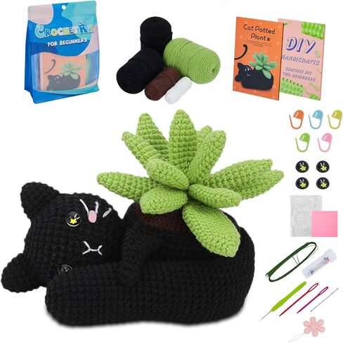 HonKuaDL Crochet Kit for Beginners,Crochet Kit Cat, Crocheting Knitting Kit with Step-by-Step Video Tutorials, Pattern Animals-Cat with Complete Crochet Accessories (Cat Potted Plant) in Saudi Arabia