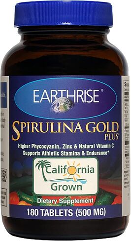 Earthrise Spirulina Gold Plus 500mg Tablet 180 قطعة، سبيرولينا طبيعية فاخرة من كاليفورنيا - نباتي، خالي من الغلوتين، صديق للكيتو، طعام فائق غير معدّل وراثيًا غني بالفيتامينات والمعادن. in Kuwait