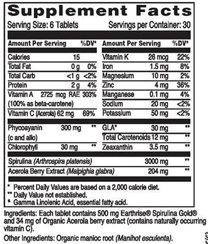Earthrise Spirulina Gold Plus 500mg Tablet 180 قطعة، سبيرولينا طبيعية فاخرة من كاليفورنيا - نباتي، خالي من الغلوتين، صديق للكيتو، طعام فائق غير معدّل وراثيًا غني بالفيتامينات والمعادن. in Kuwait