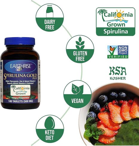 Earthrise Spirulina Gold Plus 500mg Tablet 180 قطعة، سبيرولينا طبيعية فاخرة من كاليفورنيا - نباتي، خالي من الغلوتين، صديق للكيتو، طعام فائق غير معدّل وراثيًا غني بالفيتامينات والمعادن. in Kuwait