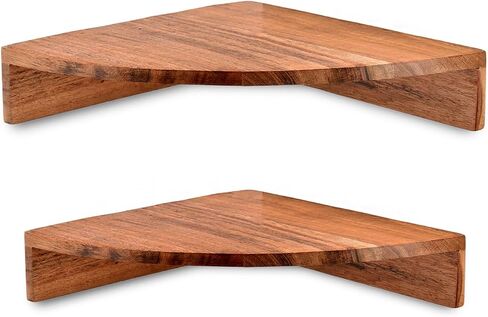 رف زاوية عائم من خشب أكاسيا من NIRMAN مثبت على الحائط لغرفة النوم وغرفة المعيشة والحمام والمطبخ مجموعة من 2 in Kuwait