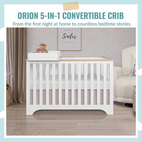 Dream On Me Orion 5-in-1 Convertible Crib with Removable Changing Tray in Vintage White Oak, JPMA & Greenguard Gold Certified, Made of Sustainable New Zealand Pinewood in Saudi Arabia