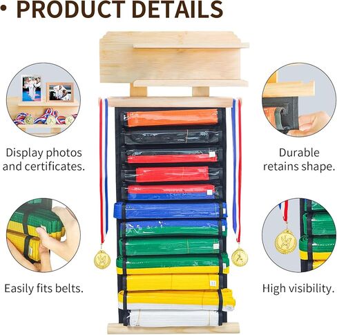 رف عرض حزام الكاراتيه 12 حزامًا من ELEGICKLIP مع رف عرض الكأس والميدالية بطبقتين، رف عرض حزام التايكوندو مع شماعة ميدالية وملصقات للأطفال والكبار in Kuwait