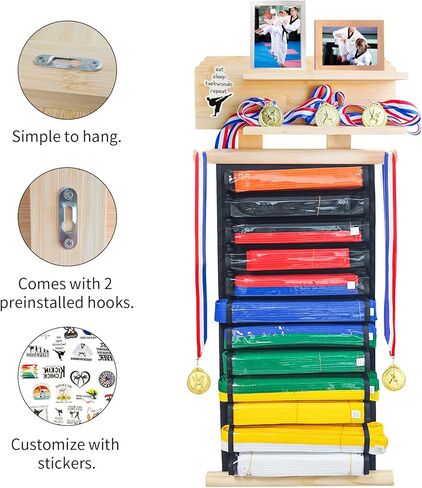 رف عرض حزام الكاراتيه 12 حزامًا من ELEGICKLIP مع رف عرض الكأس والميدالية بطبقتين، رف عرض حزام التايكوندو مع شماعة ميدالية وملصقات للأطفال والكبار in Kuwait