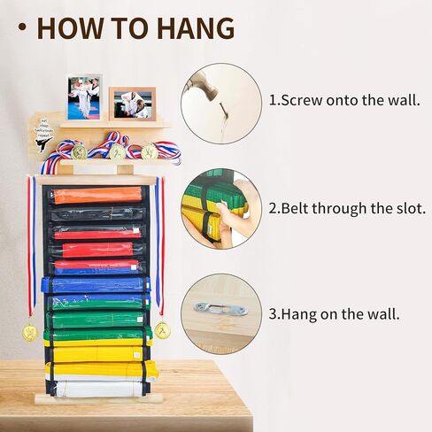 رف عرض حزام الكاراتيه 12 حزامًا من ELEGICKLIP مع رف عرض الكأس والميدالية بطبقتين، رف عرض حزام التايكوندو مع شماعة ميدالية وملصقات للأطفال والكبار in Kuwait