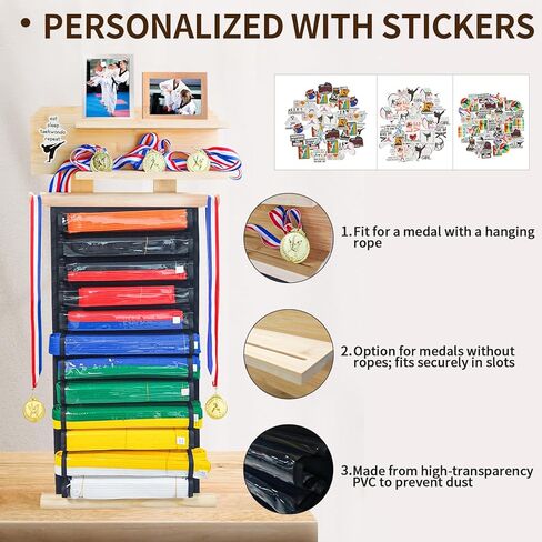 رف عرض حزام الكاراتيه 12 حزامًا من ELEGICKLIP مع رف عرض الكأس والميدالية بطبقتين، رف عرض حزام التايكوندو مع شماعة ميدالية وملصقات للأطفال والكبار in Kuwait