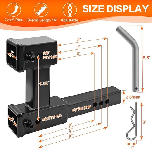 وصلة ربط مزدوجة من LOCKIETTA تناسب جهاز استقبال 2 بوصة، موسع وصلة مقطورة مزدوجة يصل إلى 8 9 10 بوصة أقصى طول، مضاد للحشرجة 7-1/2 بوصة ارتفاع أو قطرة، 4000 رطل GTW / 400 رطل TW، مع دبوس وصلة ومشبك in Kuwait