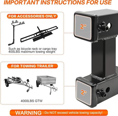 وصلة ربط مزدوجة من LOCKIETTA تناسب جهاز استقبال 2 بوصة، موسع وصلة مقطورة مزدوجة يصل إلى 8 9 10 بوصة أقصى طول، مضاد للحشرجة 7-1/2 بوصة ارتفاع أو قطرة، 4000 رطل GTW / 400 رطل TW، مع دبوس وصلة ومشبك in Kuwait