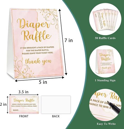 مجموعة ألعاب استحمام الطفل Gihyan Diaper Raffle (علامة واحدة + 50 بطاقة تخمين)، تذاكر سحب الحفاضات ذات الألوان المائية الوردية لاستحمام الطفل، ديكور حفلات استحمام الطفل من رقائق الذهب - A02 in Saudi Arabia