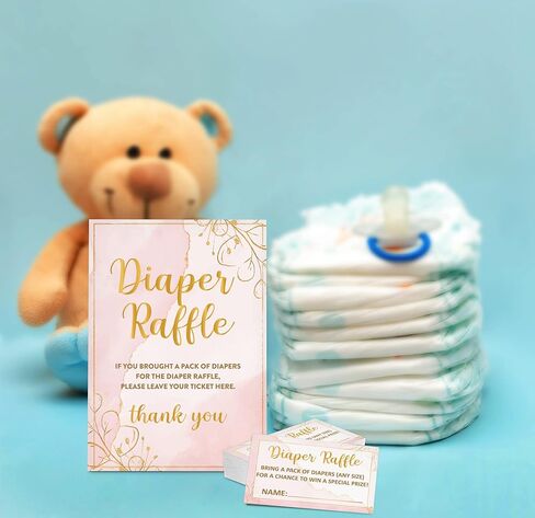 مجموعة ألعاب استحمام الطفل Gihyan Diaper Raffle (علامة واحدة + 50 بطاقة تخمين)، تذاكر سحب الحفاضات ذات الألوان المائية الوردية لاستحمام الطفل، ديكور حفلات استحمام الطفل من رقائق الذهب - A02 in Saudi Arabia