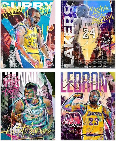 NIIORTY Basketball Stars Wall Art, Graffiti Basketball Art Prints, Stephen Curry Giannis Antetokounmpo Canvas Motivational Posters for Boy's Room Man Cave Home Decor, 4-Set (8"x10" Unframed) in Saudi Arabia