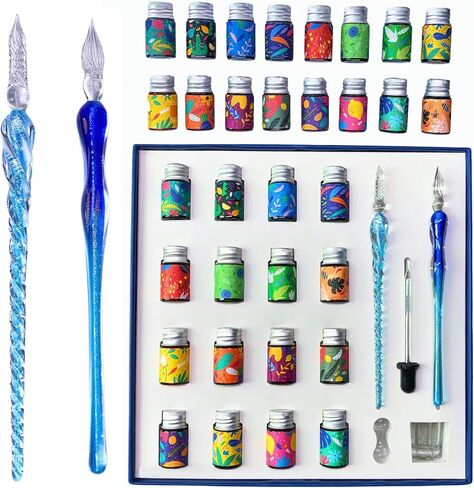 AIVN Premium Glass Pen Set, 21 Pieces - Calligraphy and Drawing Pen Set, Includes 2 Glass Pens, 16 Bottles of Ink, Pen Holder, Cleaning Cup, and Introduction Booklet in Kuwait