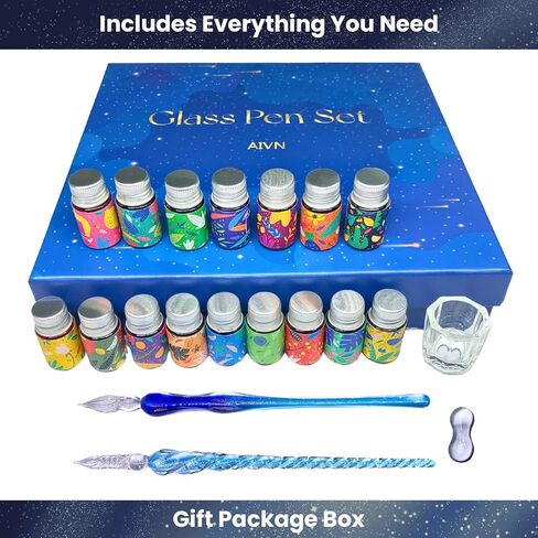 AIVN Premium Glass Pen Set, 21 Pieces - Calligraphy and Drawing Pen Set, Includes 2 Glass Pens, 16 Bottles of Ink, Pen Holder, Cleaning Cup, and Introduction Booklet in Kuwait