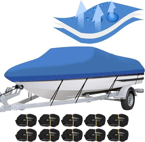 غطاء قارب SYMOTTEC بطول 17-19 قدمًا قابل للمقطورة 210D أغطية بدن خفيفة مقاومة للماء من قماش أكسفورد البحري يناسب قارب V-Hull ثلاثي الهيكل مع حزام (أزرق) in Kuwait