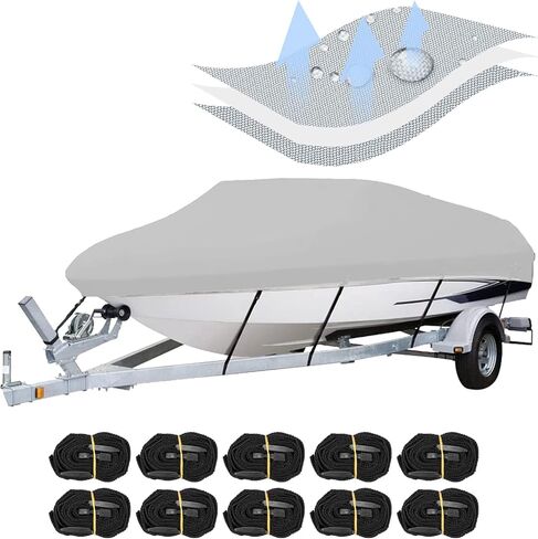 SYMOTTEC Boat Cover 17-19 ft Trailerable 210D Light Hull Covers Waterproof Marine Grade Oxford Fabric Fits V-Hull Tri-Hull Runabout Boat with Strap (Blue) in Saudi Arabia