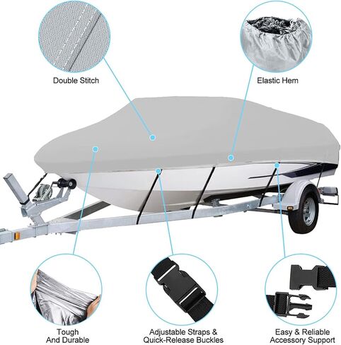 SYMOTTEC Boat Cover 17-19 ft Trailerable 210D Light Hull Covers Waterproof Marine Grade Oxford Fabric Fits V-Hull Tri-Hull Runabout Boat with Strap (Blue) in Saudi Arabia
