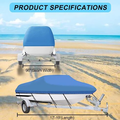 غطاء قارب SYMOTTEC بطول 17-19 قدمًا قابل للمقطورة 210D أغطية بدن خفيفة مقاومة للماء من قماش أكسفورد البحري يناسب قارب V-Hull ثلاثي الهيكل مع حزام (أزرق) in Kuwait