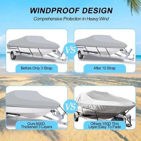 SYMOTTEC Boat Cover 17-19 ft Trailerable 210D Light Hull Covers Waterproof Marine Grade Oxford Fabric Fits V-Hull Tri-Hull Runabout Boat with Strap (Blue) in Saudi Arabia