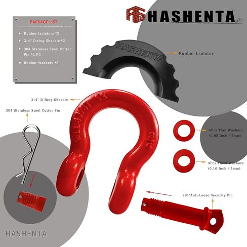 HASHENTA Shackles 3/4" D Ring Shackle (2 Pack) 41,887Ibs Break Strength with 7/8" Anti-Loose Security Pin,Shackle Isolator & Washers Kit for Tow Strap Winch Off Road Vehicle Recovery (Red) in Saudi Arabia
