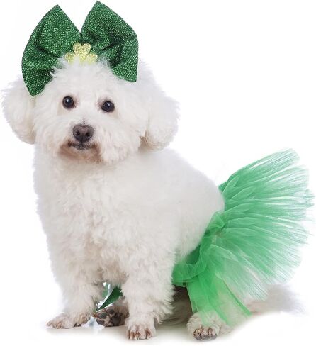 Coomour St. Patrick's Day Dog Cosutme Pet Clover Bow Headband with Tutu Lace Green Dress Puppy St. Patrick's Day Outfits (Green) in Saudi Arabia