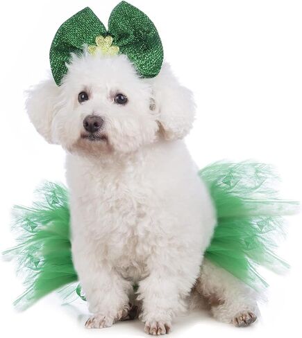 Coomour St. Patrick's Day Dog Cosutme Pet Clover Bow Headband with Tutu Lace Green Dress Puppy St. Patrick's Day Outfits (Green) in Saudi Arabia