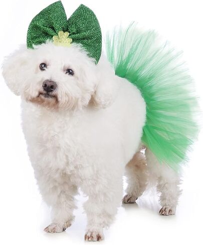Coomour St. Patrick's Day Dog Cosutme Pet Clover Bow Headband with Tutu Lace Green Dress Puppy St. Patrick's Day Outfits (Green) in Saudi Arabia
