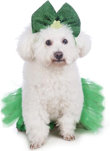 Coomour St. Patrick's Day Dog Cosutme Pet Clover Bow Headband with Tutu Lace Green Dress Puppy St. Patrick's Day Outfits (Green) in Saudi Arabia