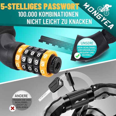 HONGYEA Bike Chain Lock -3.94ft, Bike Locks Heavy Duty Anti Theft with 5-Digit Combination, Extended Bike Chain Lock for E Bike Scooters, MTB, Racing Bikes, Motorcycles, Outdoor Tools in Saudi Arabia