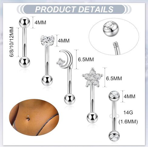 YOVORO 5 قطع 14G 316L الفولاذ المقاوم للصدأ حلقة زر البطن الصغيرة للنساء حلقات السرة الصغيرة حلقة بطن صغيرة لا تسبب الحساسية مكعب زركونيا مجوهرات ثقب البطن البسيطة 6/8/10/12 مم in Kuwait