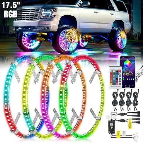 Nilight 4PCS 17.5inch LED Wheel Ring Lights RGB with APP and Remote Control Neon Wheel Rim Lights Million Colors w/Turn Signal and Braking Function for Car Van SUV Truck, 2 Years Warranty in Saudi Arabia