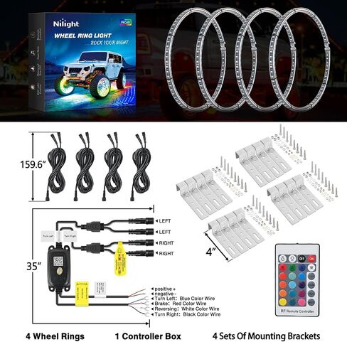 Nilight 4PCS 17.5inch LED Wheel Ring Lights RGB with APP and Remote Control Neon Wheel Rim Lights Million Colors w/Turn Signal and Braking Function for Car Van SUV Truck, 2 Years Warranty in Saudi Arabia